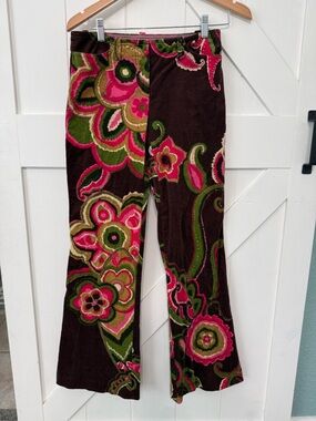 Trina Turk Paisley Corduroy Flare Pants Brown Pink Women’s 4 Y2K Low Waisted